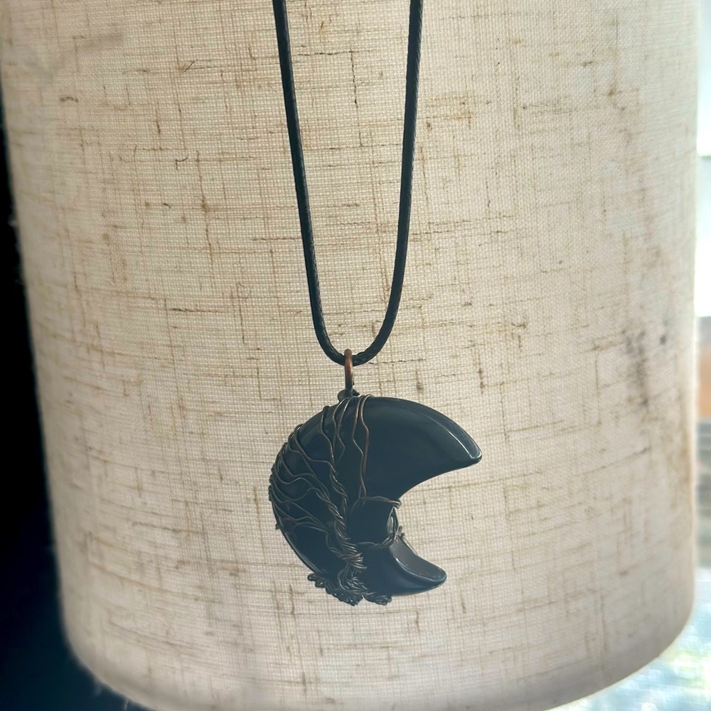 Genuine obsidian wrapped moon/tree of life necklace